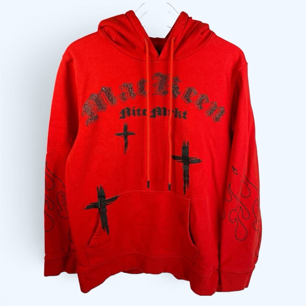 Mac Keen Hoodie Night Mrkt Red Black Rhinestones Crosses Flames Men's Large